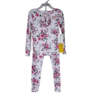 NWT Laura Ashley Pajama Set Scrunchie Girls 4T White Pink Floral Rib Cottagecore